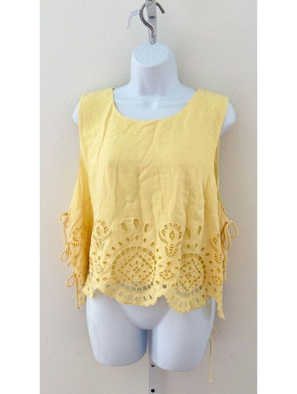 Future Collective Yellow Embroidered Eyelet Side-Tie Tank Top Women